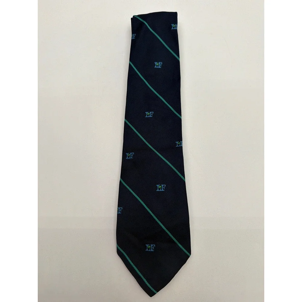 Wm Chelsea Ltd Mens Navy Blue Green Striped LF Crest Logo Silk Tie Scarsdale NY